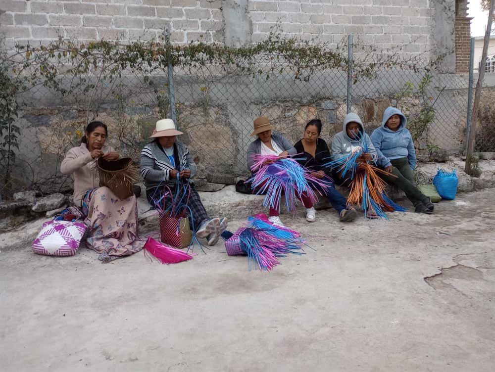 Mixteco artesana women weaving palm baskets by hand, seated together in Tezoatlán, Oaxaca